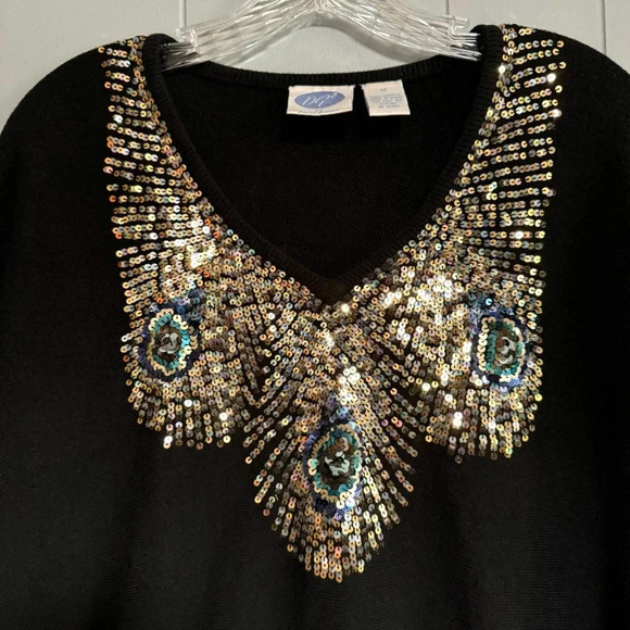 DG2 DIANE GILMAN Black Dolman Sleeve Sequin Peacock Sweater Dress Tunic … - Picture 3 of 6